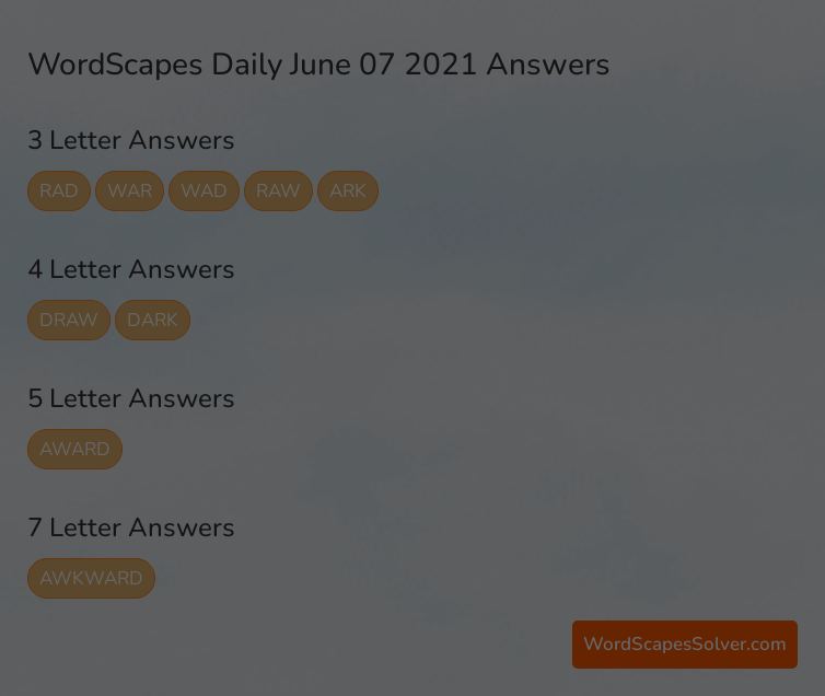 WordScapes Daily June 7 2021 Answers